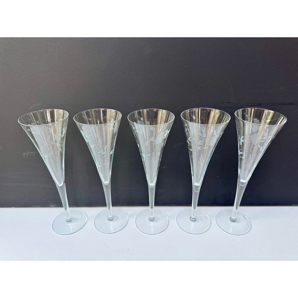 Set of 5 Etched Crystal Champagne Flutes, Tall Stem Glasses